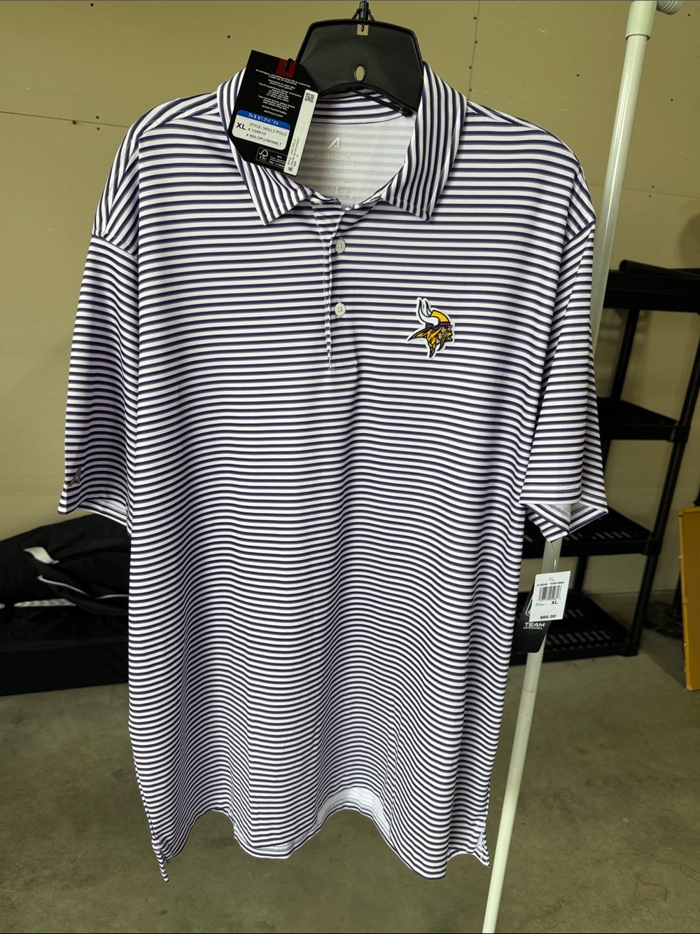 Minnesota Vikings Striped Polo Shirt - Purple/White. Antigua Brand.